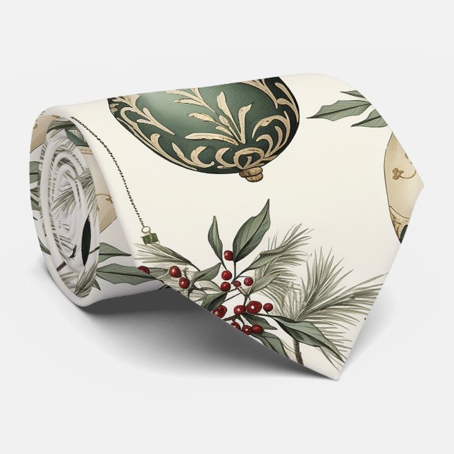 Cravate Ornements de Noël Sage Green et Gold (Roulé)