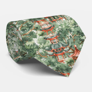 Cravate Pagode de Chinoiserie Forêt Vert Sauge