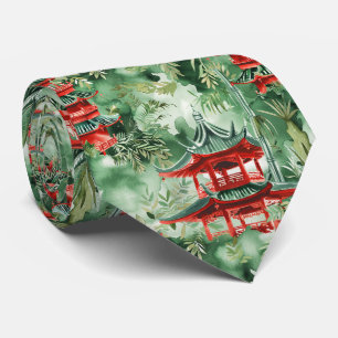 Cravate Pagode en terre cuite Jardin asiatique Aquarelle