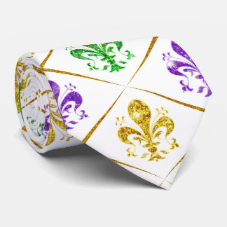 Cravate Paillettes Fleur de Lis Diamant Mardi Gras Blanc