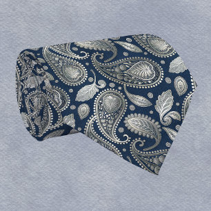 Cravate Paisley en bleu marine et élégant argent