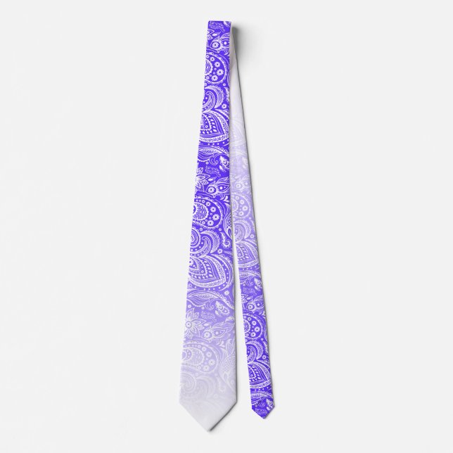 Cravate Paisley floral blanc sur fond bleu à blanc (Devant)