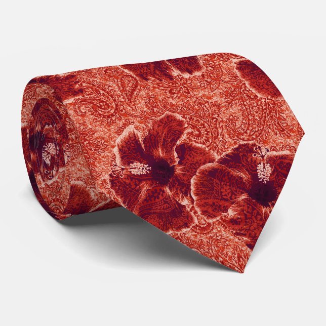Cravate Paisley Hibiscus Hawaiian rétro à deux faces impri (Roulé)