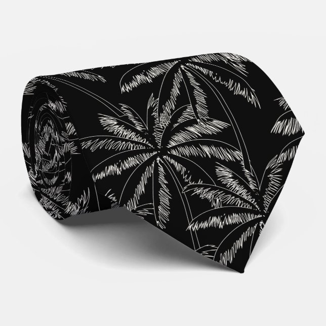 Cravate Palmier Blanc Tropical sur Fond Noir (Roulé)