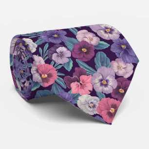 Cravate Pansies colorées sur violet profond