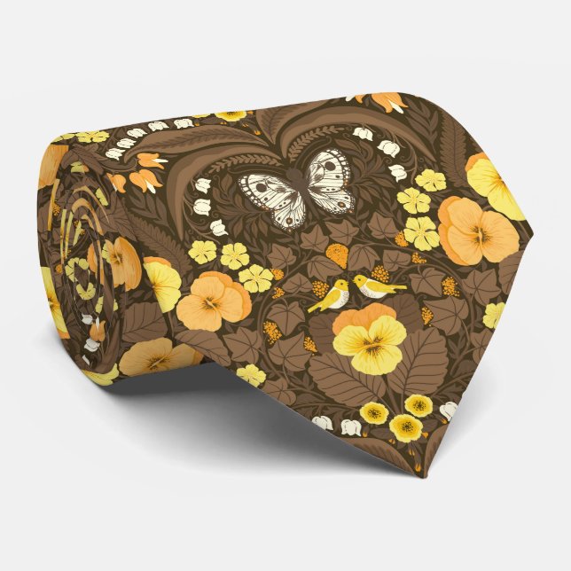 Cravate Pansies jaunes, oiseaux et papillons (Roulé)