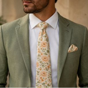 Cravate Papier peint vintage Floral Peony-Soft Peach & Gre