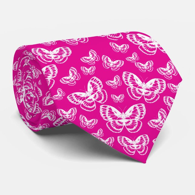 Cravate Papillons blancs Motif rose (Roulé)