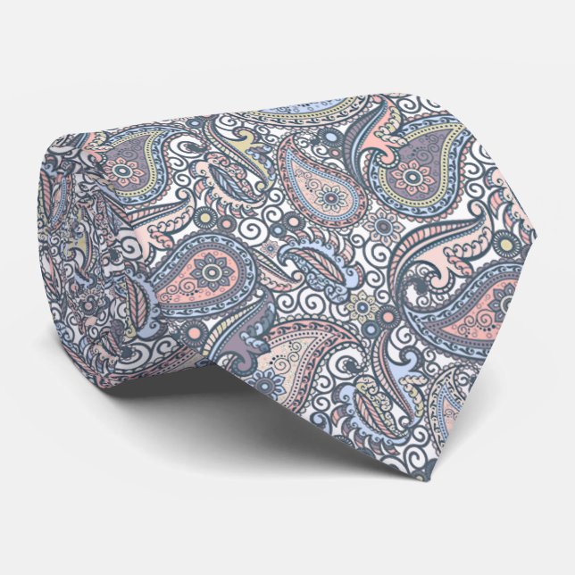 Cravate Pastel Violet Bleu Rose Paisley Motif Floral (Roulé)
