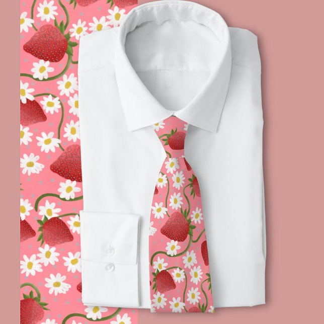 Cravate Patch fraise rose (Strawberry fruit and blossoms pattern)
