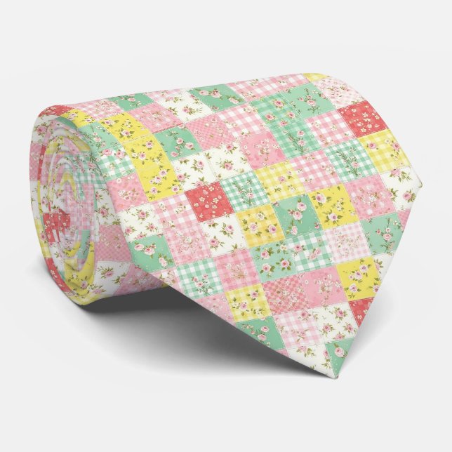 Cravate Patchwork Floral Gingham Pastel Maison de Campagne (Roulé)