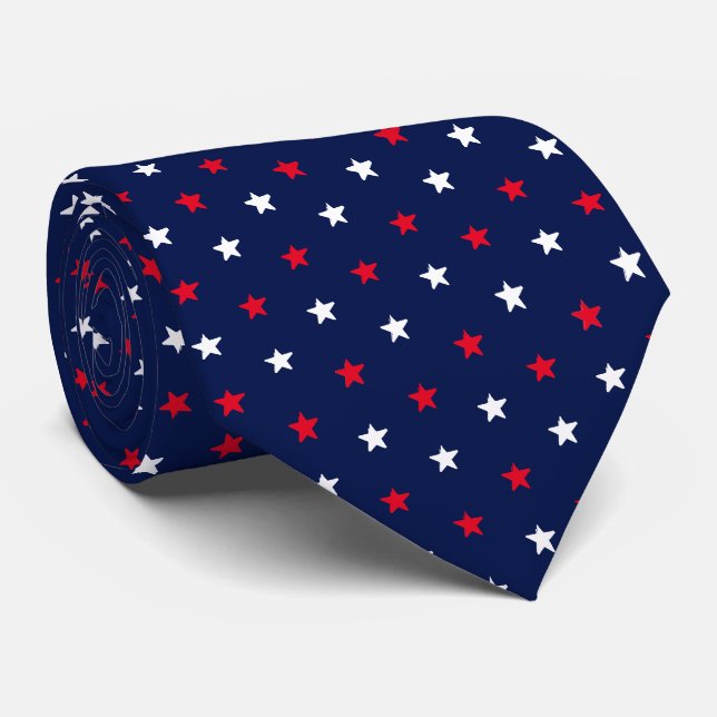 Cravate Patriotique rouge blanc foncé bleu marine étoiles  (Roulé)