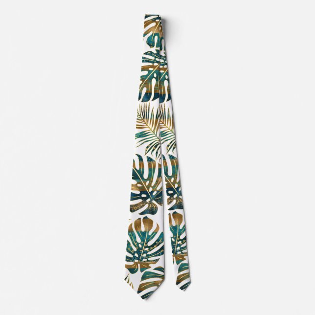 Cravate Patterned tropical leaves teal and gold (Devant)