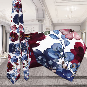 Cravate Pavot & Peony Rouge Blanc & Mariage Bleu