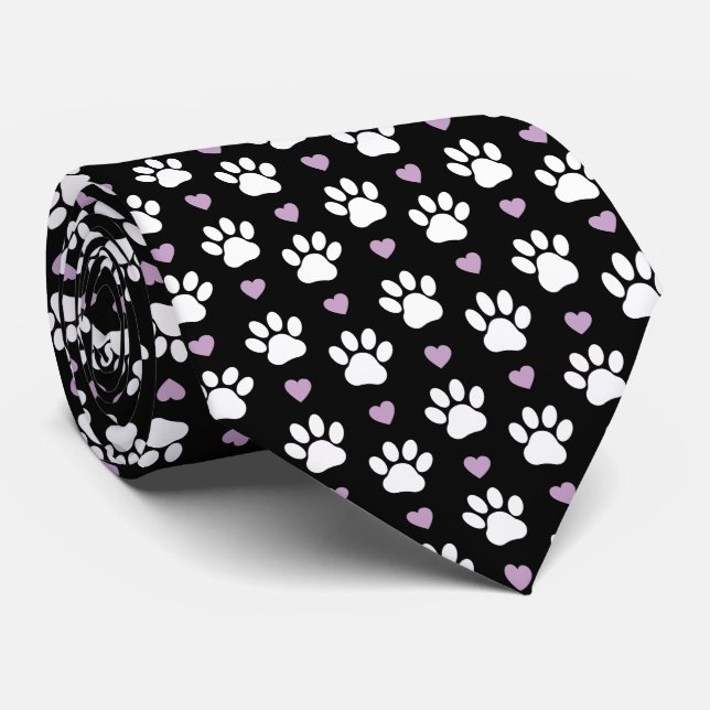 Cravate Paw Motif, Chien Paws, White Paws, Lilac Hearts (Roulé)
