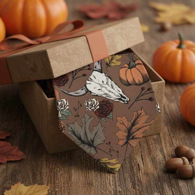 Cravate Pays du crâne occidental Brown (Modern Brown Thanksgiving Foliage Mens Tie. Fall Harvest, Cow Skull, Leaves Autumn Colors Pattern.)