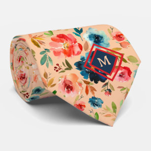 Cravate Peach Blue Watercolor Roses Monogramme