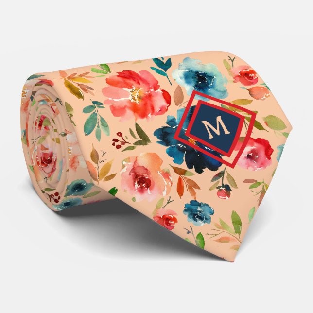 Cravate Peach Blue Watercolor Roses Monogramme (Roulé)