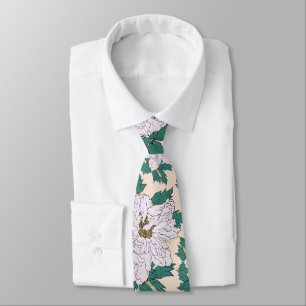 Cravate Peonies blanches et Feuilles verts