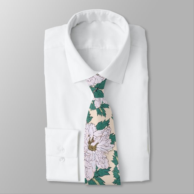 Cravate Peonies blanches et Feuilles verts (Attaché)