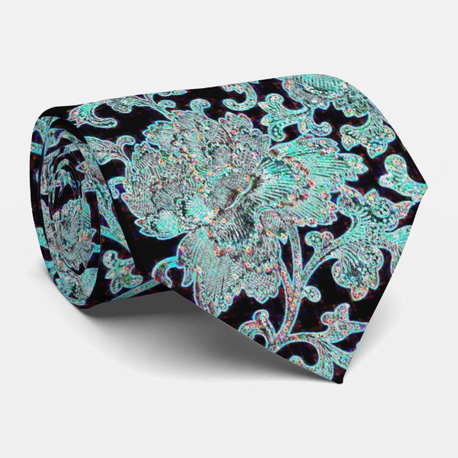 Cravate Peony flower turquoise and black (Roulé)