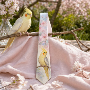 Cravate Perruche Callopsitte Aquarelle Fleur de Printemps