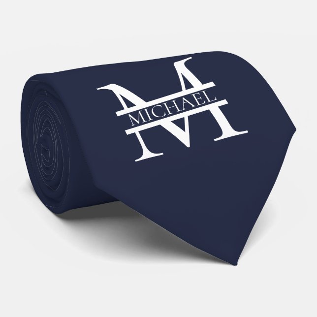 Cravate Personnalisé Elegant Navy Blue Monogramme et nom (Roulé)