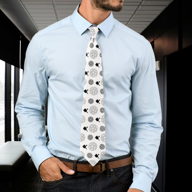 Cravate Pickleball Paddle Grey White Ball Racket Motif (Créateur téléchargé)