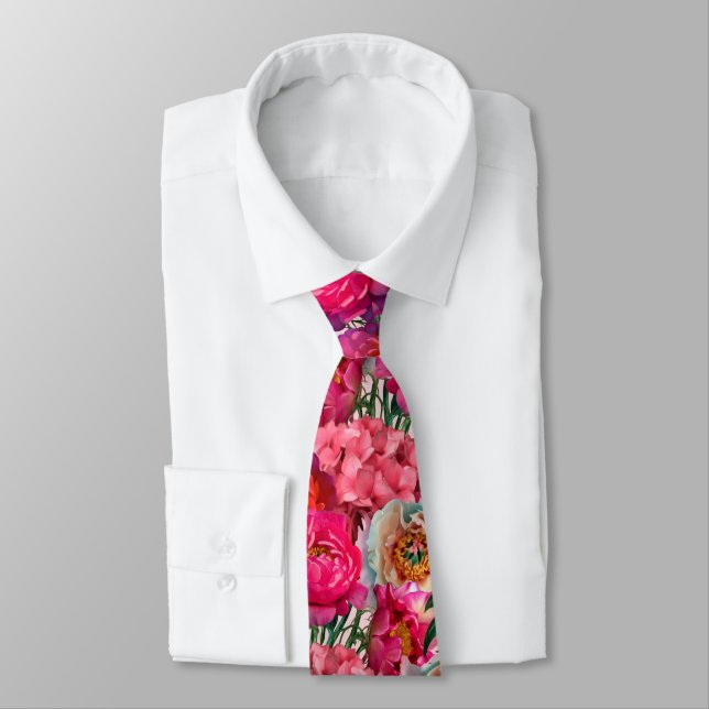 Cravate Pierre rose et blanche et fleurs d'Hydrangée (Attaché)
