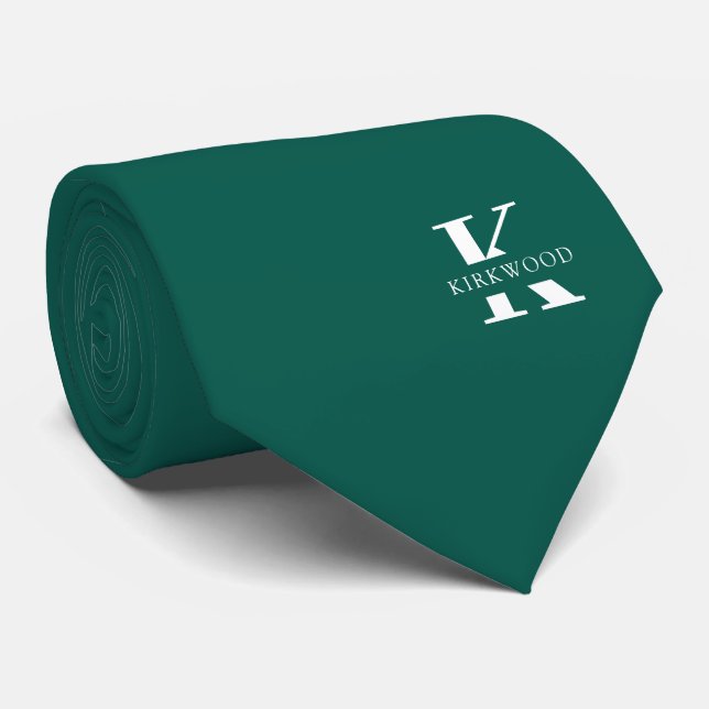 Cravate Pine Green Elegant Monogram + nom | One-Sided (Roulé)