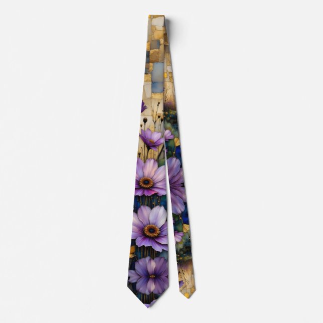 Cravate Pink purple flowers golden patchwork (Devant)
