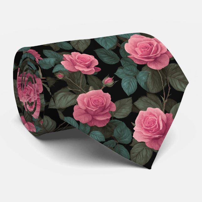 Cravate Pink Roses on Black Floral Pattern (Roulé)