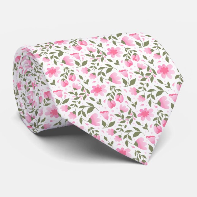 Cravate Pink & Sage Vert motif floral  (Roulé)