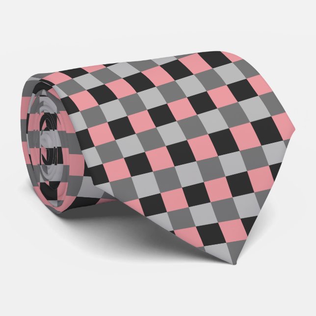 Cravate Pink Silver noir blanc gris damier (Roulé)