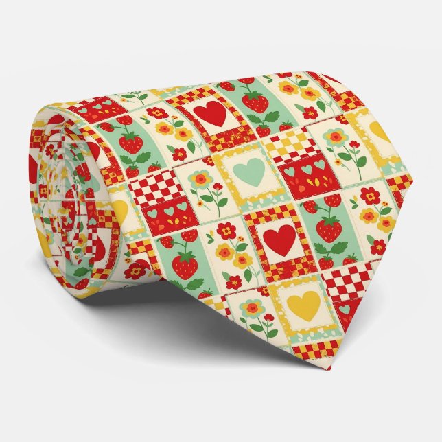 Cravate Pique-nique patchwork de fraises (Roulé)