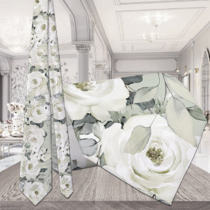Cravate Pivoine blanche Eucalyptus argent Mariage Vert sau