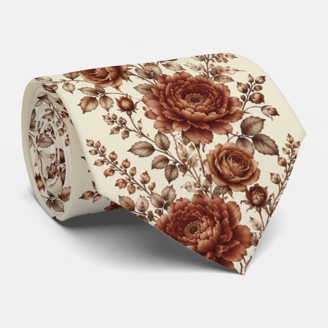Cravate Pivoine et Rose Florale Mariage Cuivre Brûlé (Roulé)
