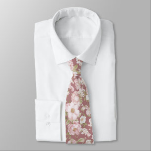 Cravate Pivoines roses saumon sur fond rose poussiéreux