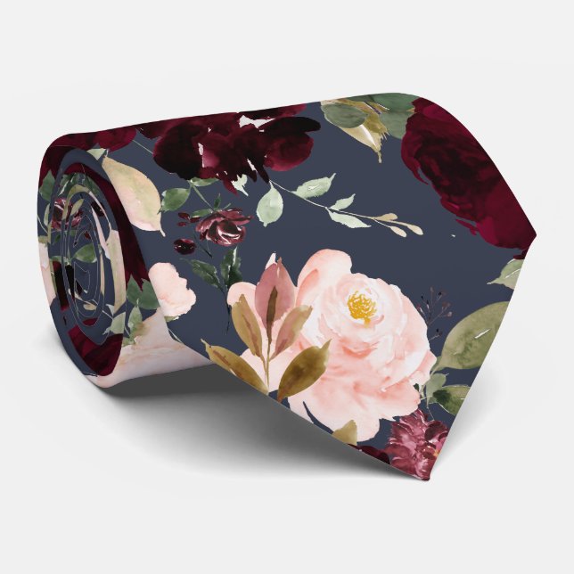 Cravate PixDezine H2 Fleurs Bourgogne Blush Marine Rose (Roulé)