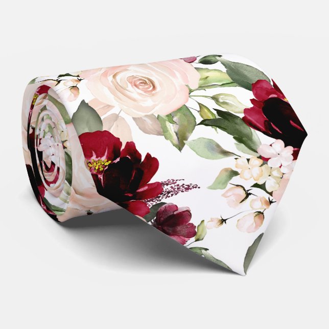 Cravate PixDezine H2 Fleurs Burgundy Blush Roses Cou Ti (Roulé)