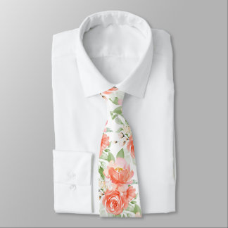 Cravate PixDezine H2 Fleurs Corail Orange Jade Vert