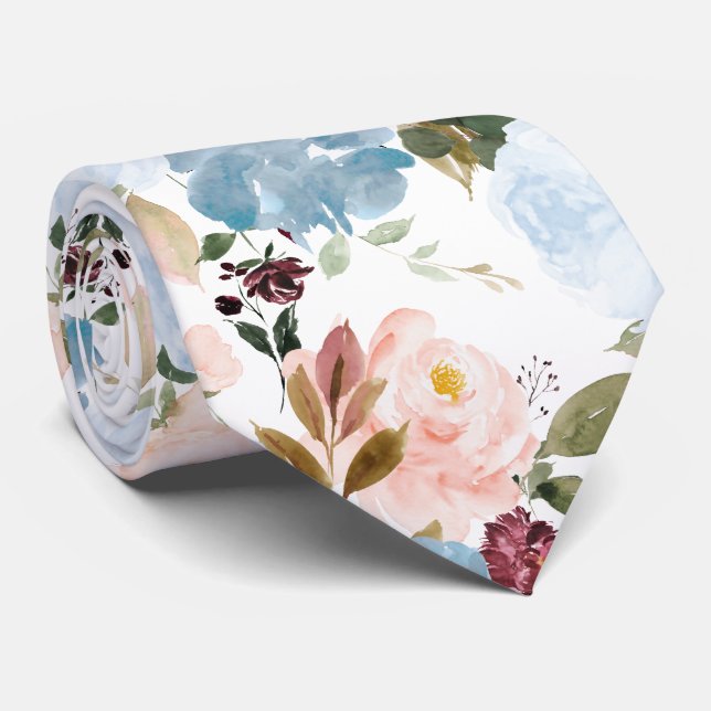 Cravate PixDezine H2 Fleurs Dusty Blue n Blush rose (Roulé)