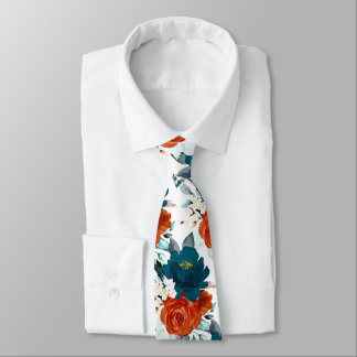 Cravate PixDezine H2 Fleurs Sarcelle et Orange Rouille