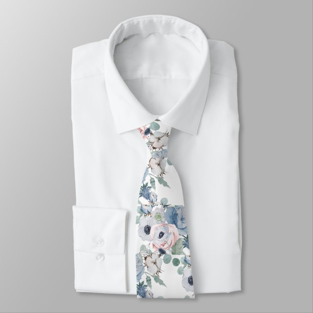 Cravate PixDezines Aquarelle Dusty Blue Rose Peonies (Attaché)