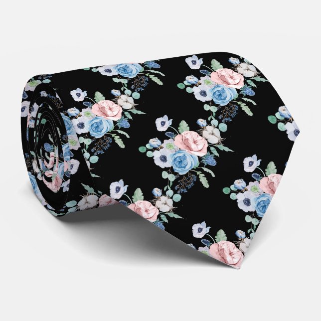 Cravate PixDezines Aquarelle Dusty Blue Rose pivoines Cou (Roulé)