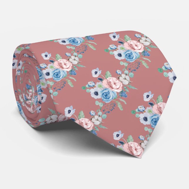 Cravate PixDezines Aquarelle Dusty Blue Rose pivoines Cou (Roulé)