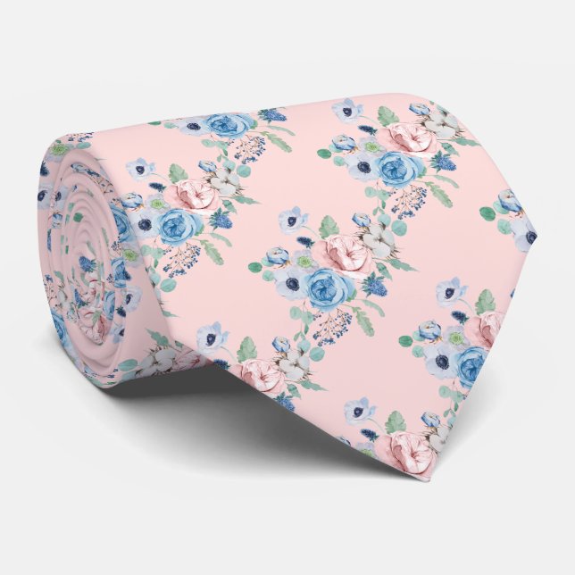 Cravate PixDezines Aquarelle Dusty Blue Rose pivoines Cou (Roulé)
