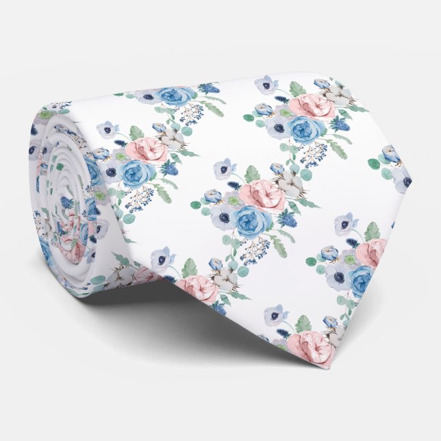 Cravate PixDezines Aquarelle Dusty Blue Rose pivoines Cou (Roulé)