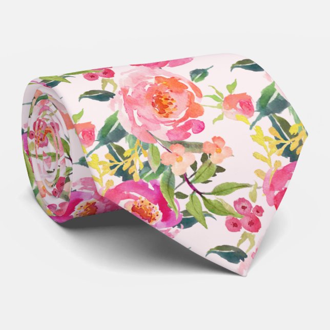 Cravate PixDezines Aquarelle Peonies d'été (Roulé)