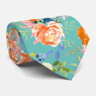 Cravate PixDezines aquarelle Pivoines orange et Pensées